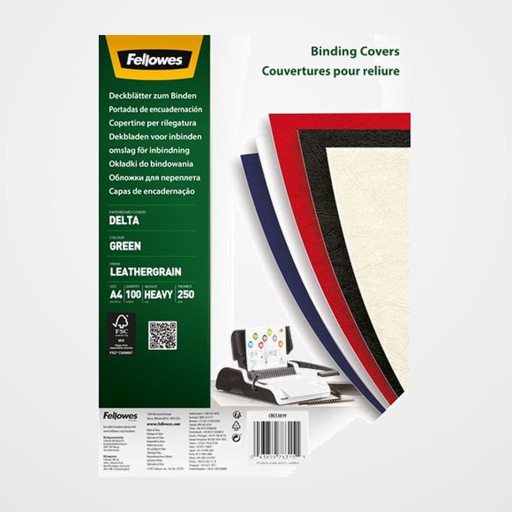 TAPA de ENCUADERNAR FELLOWES A4 250g DELTA CUERO (100% RECICLABLE) VERDE CLARO CAJA de 100