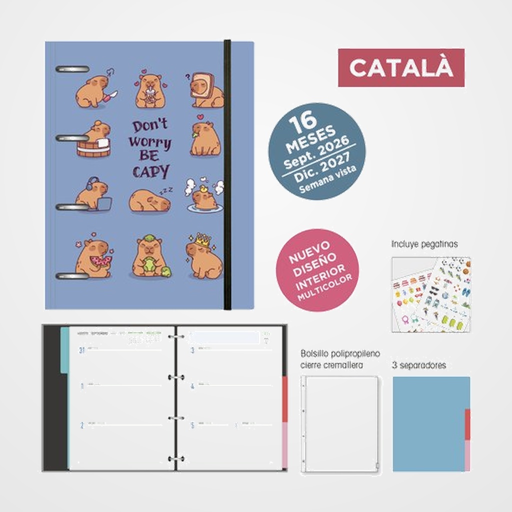 AGENDA ANUAL (2026-27) SENFORT CATALAN 16 MESES IKI ANILLAS tapa PP con GOMA 180x220 S/V CAPIBARA