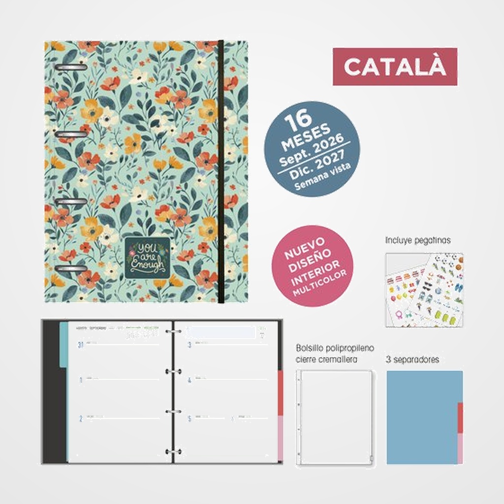 AGENDA ANUAL (2026-27) SENFORT CATALAN 16 MESES IKI ANILLAS tapa PP con GOMA 180x220 S/V FLOWERS