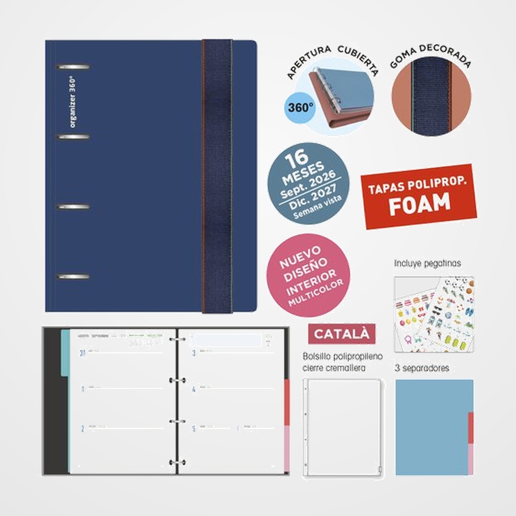AGENDA ANUAL (2026-27) SENFORT CATALAN 16 MESES IKI FOAM ANILLAS tapa PP con GOMA 180x220 S/V AZUL