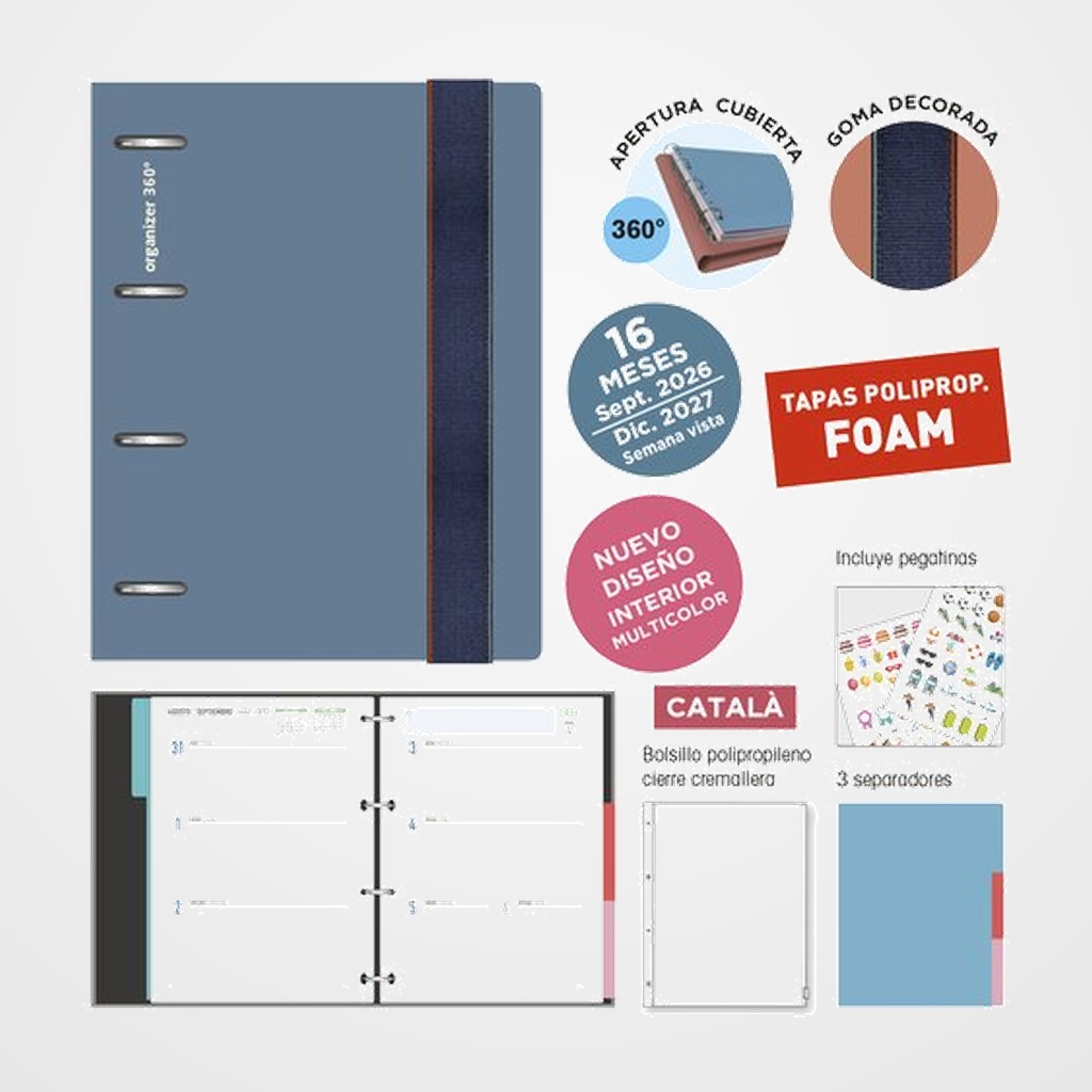 AGENDA ANUAL (2026-27) SENFORT CATALAN 16 MESES IKI FOAM ANILLAS tapa PP con GOMA 180x220 S/V PLOMO