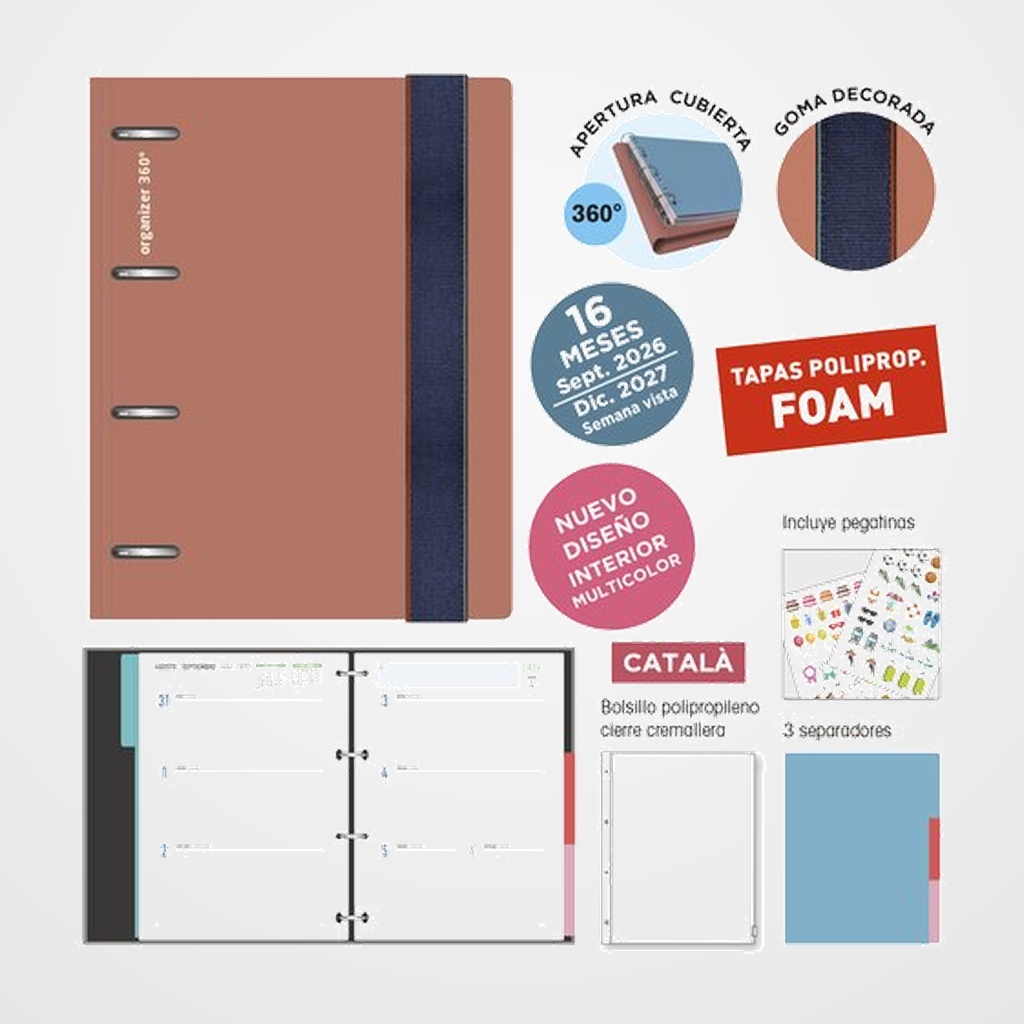 AGENDA ANUAL (2026-27) SENFORT CATALAN 16 MESES IKI FOAM ANILLAS tapa PP con GOMA 180x220 S/V SIENA