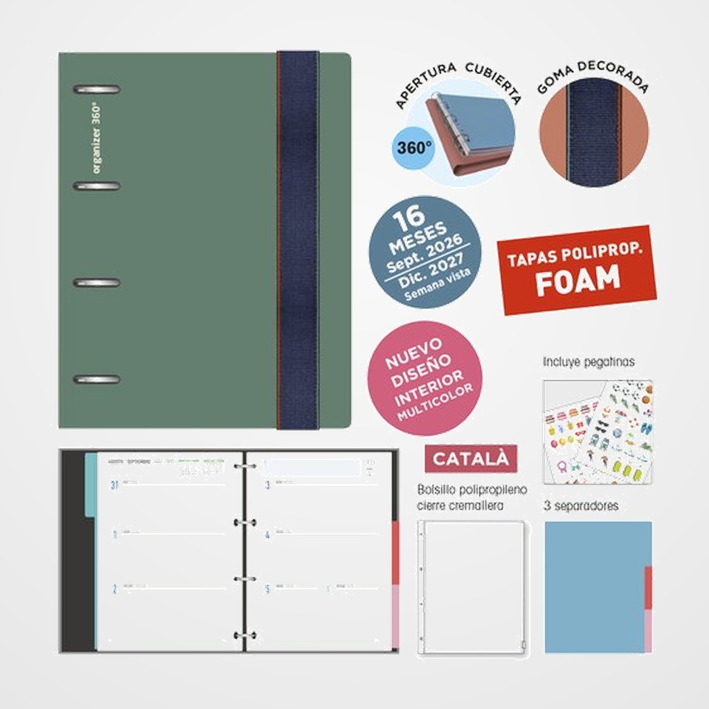 AGENDA ANUAL (2026-27) SENFORT CATALAN 16 MESES IKI FOAM ANILLAS tapa PP con GOMA 180x220 S/V VERDE