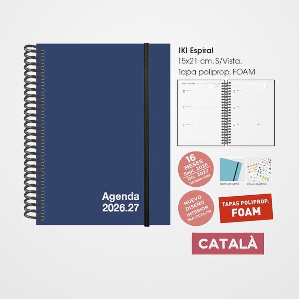 AGENDA ANUAL (2026-27) SENFORT CATALAN 16 MESES IKI FOAM ESPIRAL tapa PP con GOMA 155x215 S/V AZUL