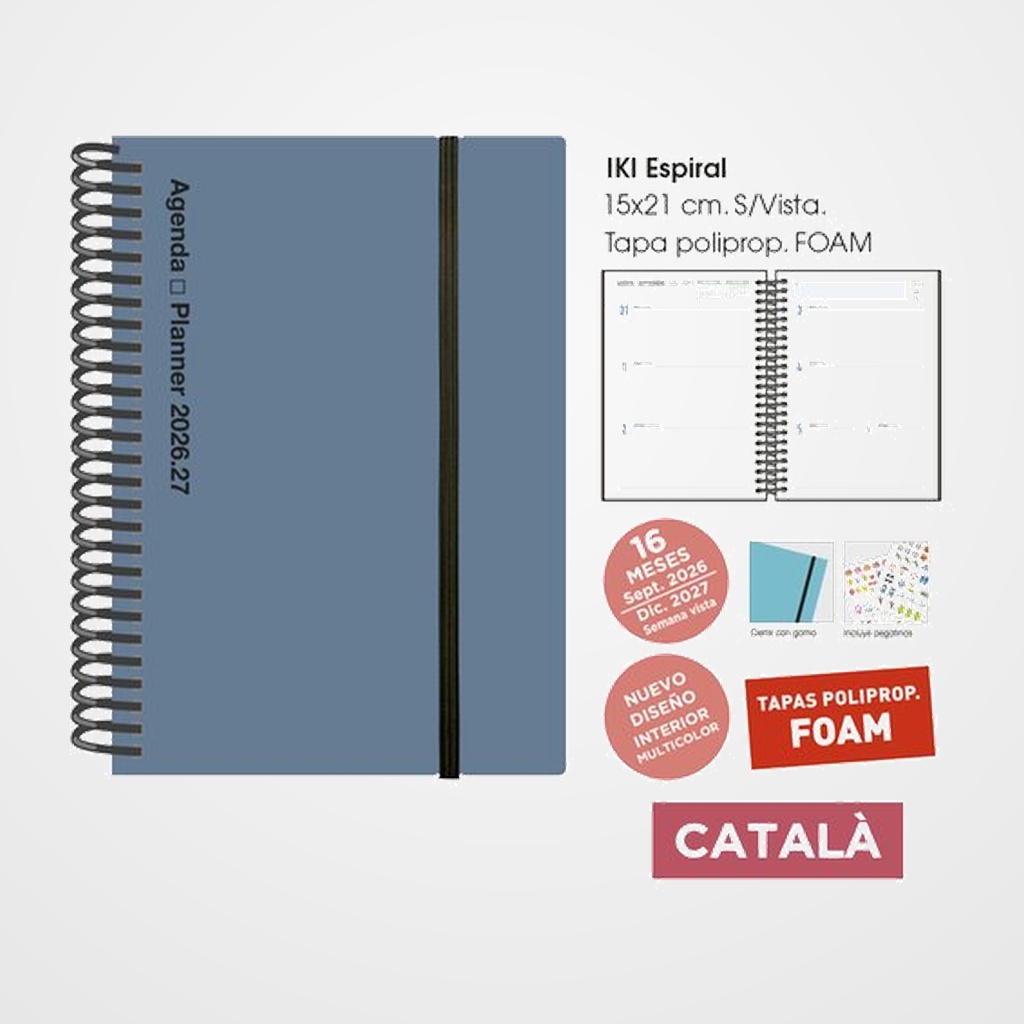 AGENDA ANUAL (2026-27) SENFORT CATALAN 16 MESES IKI FOAM ESPIRAL tapa PP con GOMA 155x215 S/V PLOMO