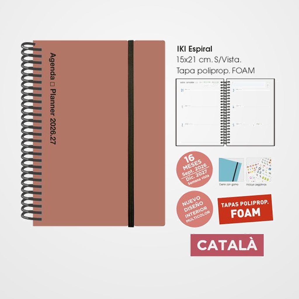 AGENDA ANUAL (2026-27) SENFORT CATALAN 16 MESES IKI FOAM ESPIRAL tapa PP con GOMA 155x215 S/V SIENA