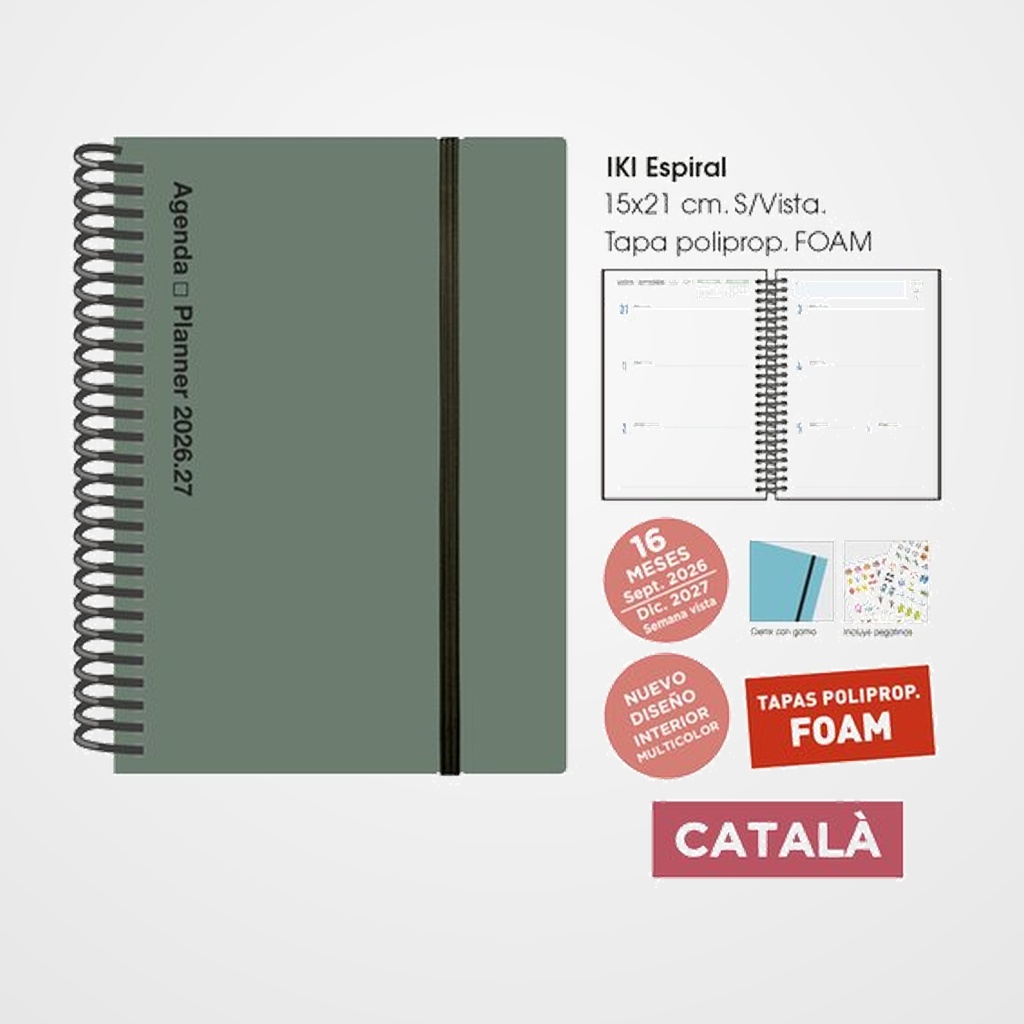 AGENDA ANUAL (2026-27) SENFORT CATALAN 16 MESES IKI FOAM ESPIRAL tapa PP con GOMA 155x215 S/V VERDE