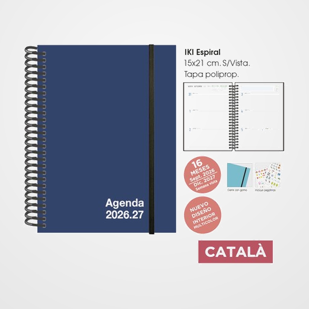 AGENDA ANUAL (2026-27) SENFORT CATALAN 16 MESES IKI UNICOLOR ESPIRAL tapa PP con GOMA 155x215 S/V AZUL