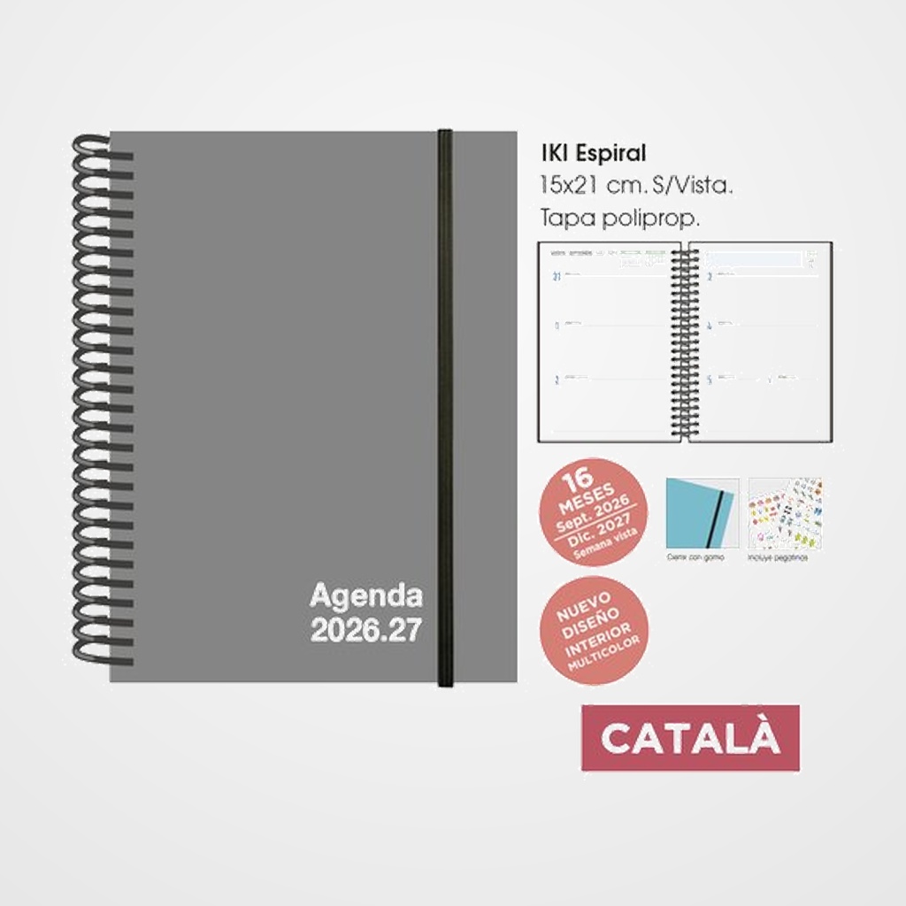 AGENDA ANUAL (2026-27) SENFORT CATALAN 16 MESES IKI UNICOLOR ESPIRAL tapa PP con GOMA 155x215 S/V GRIS