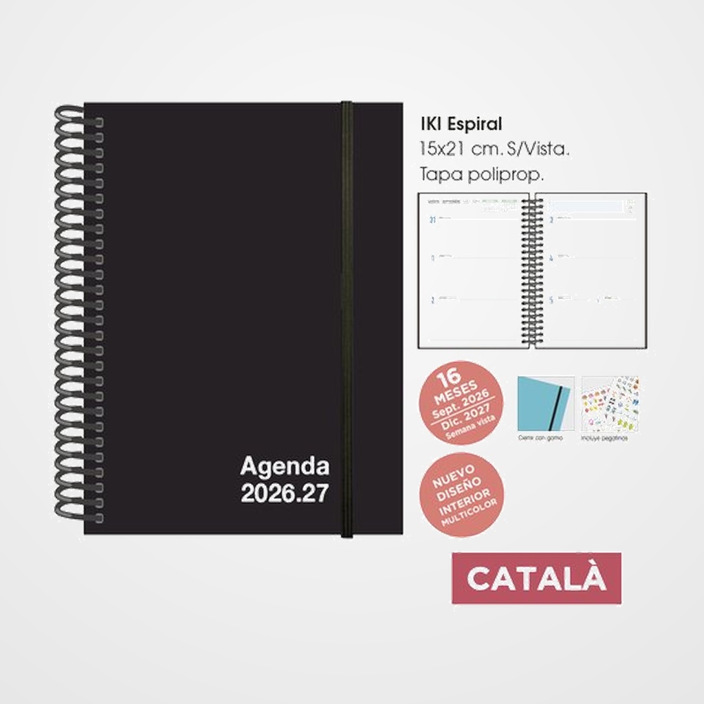 AGENDA ANUAL (2026-27) SENFORT CATALAN 16 MESES IKI UNICOLOR ESPIRAL tapa PP con GOMA 155x215 S/V NEGRO