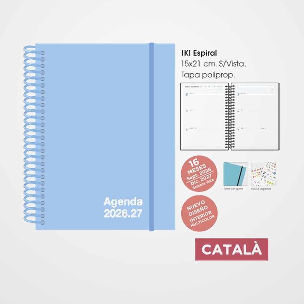 AGENDA ANUAL (2026-27) SENFORT CATALAN 16 MESES IKI UNICOLOR ESPIRAL tapa PP con GOMA 155x215 S/V PASTEL AZUL