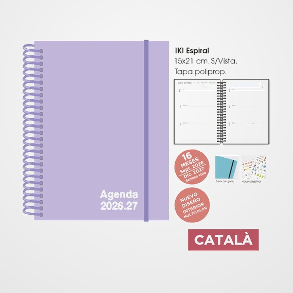 AGENDA ANUAL (2026-27) SENFORT CATALAN 16 MESES IKI UNICOLOR ESPIRAL tapa PP con GOMA 155x215 S/V PASTEL LILA
