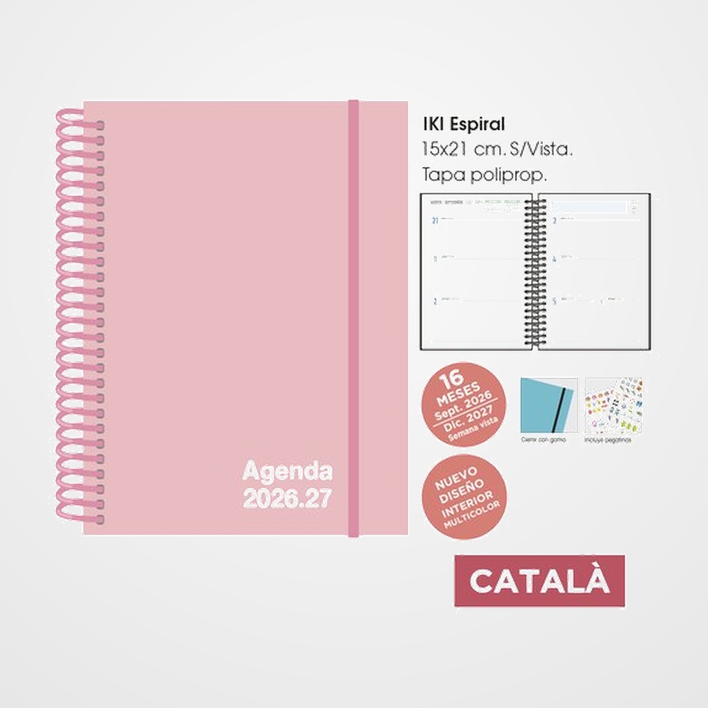 AGENDA ANUAL (2026-27) SENFORT CATALAN 16 MESES IKI UNICOLOR ESPIRAL tapa PP con GOMA 155x215 S/V PASTEL ROSA