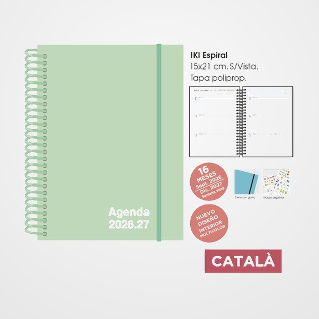 AGENDA ANUAL (2026-27) SENFORT CATALAN 16 MESES IKI UNICOLOR ESPIRAL tapa PP con GOMA 155x215 S/V PASTEL VERDE