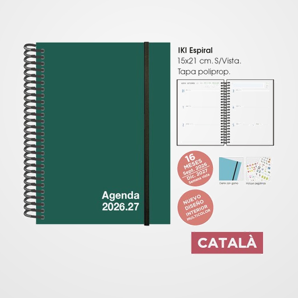 AGENDA ANUAL (2026-27) SENFORT CATALAN 16 MESES IKI UNICOLOR ESPIRAL tapa PP con GOMA 155x215 S/V VERDE