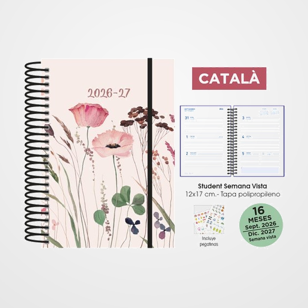 AGENDA ANUAL (2026-27) SENFORT CATALAN 16 MESES STUDENT DECORADA ESPIRAL tapa PP con GOMA 120x170 S/V AMAPOLAS
