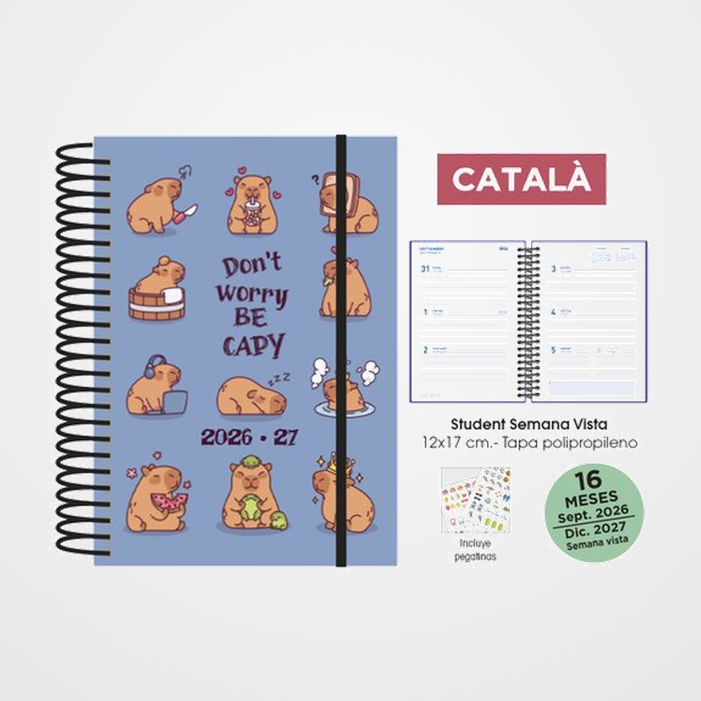 AGENDA ANUAL (2026-27) SENFORT CATALAN 16 MESES STUDENT DECORADA ESPIRAL tapa PP con GOMA 120x170 S/V CAPIBARA