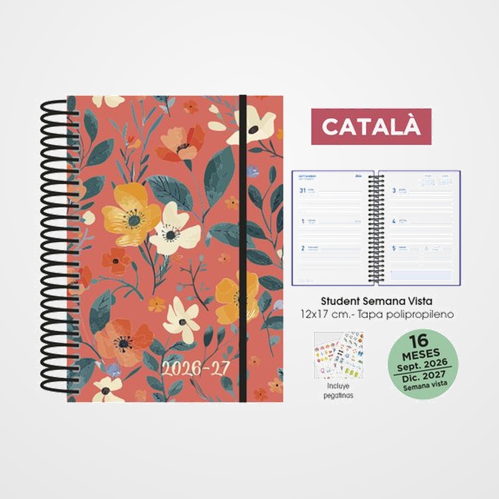 AGENDA ANUAL (2026-27) SENFORT CATALAN 16 MESES STUDENT DECORADA ESPIRAL tapa PP con GOMA 120x170 S/V CORAL