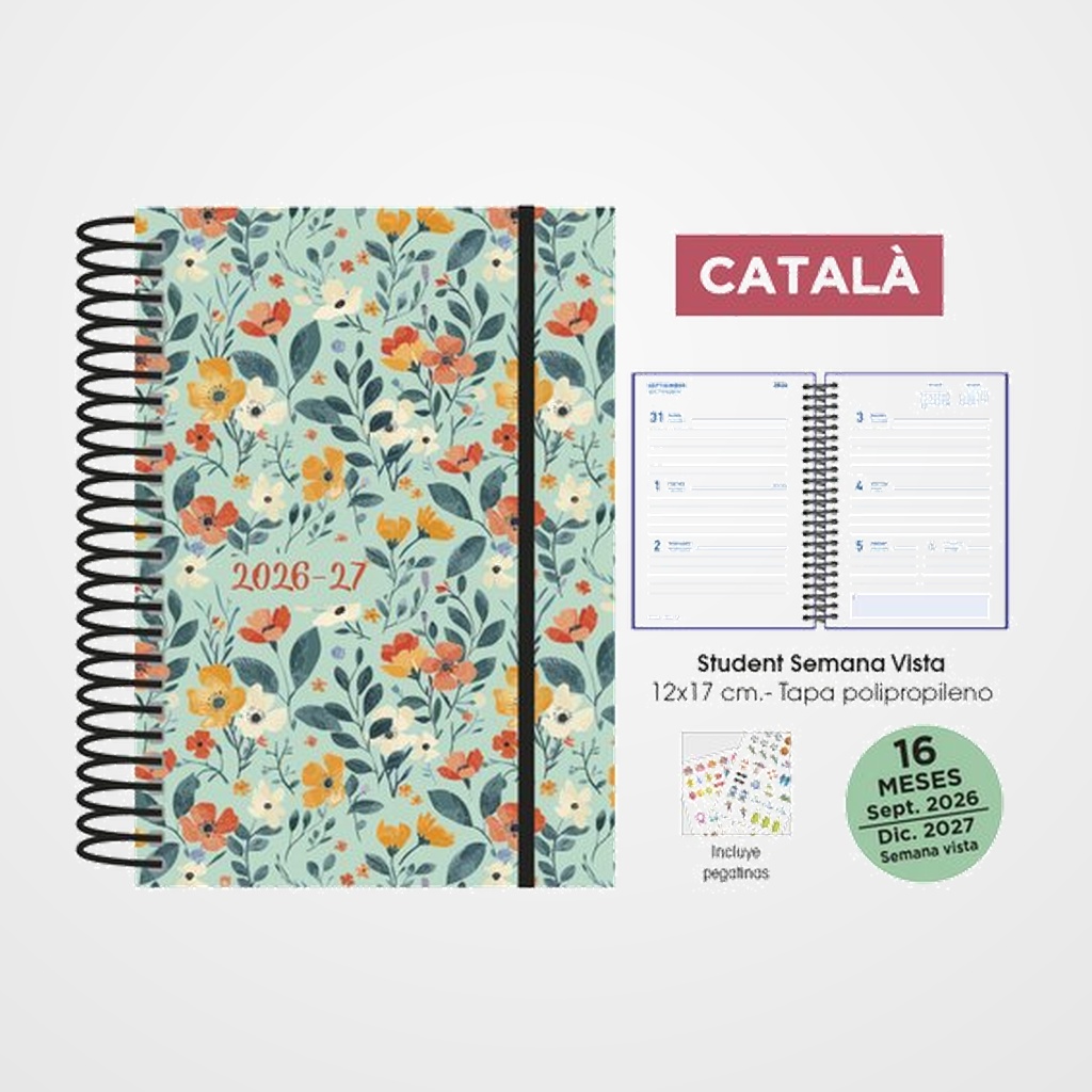 AGENDA ANUAL (2026-27) SENFORT CATALAN 16 MESES STUDENT DECORADA ESPIRAL tapa PP con GOMA 120x170 S/V FLOWERS