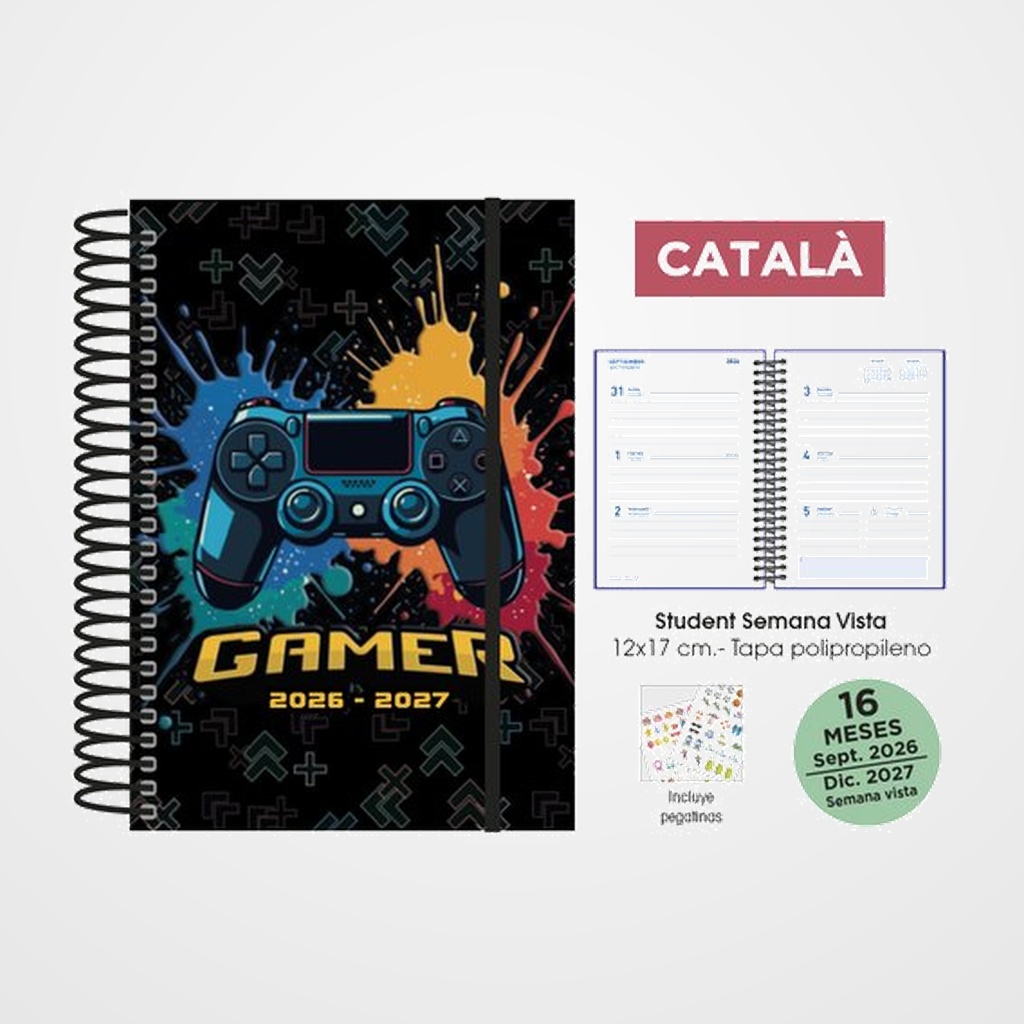 AGENDA ANUAL (2026-27) SENFORT CATALAN 16 MESES STUDENT DECORADA ESPIRAL tapa PP con GOMA 120x170 S/V GAME NEGRO