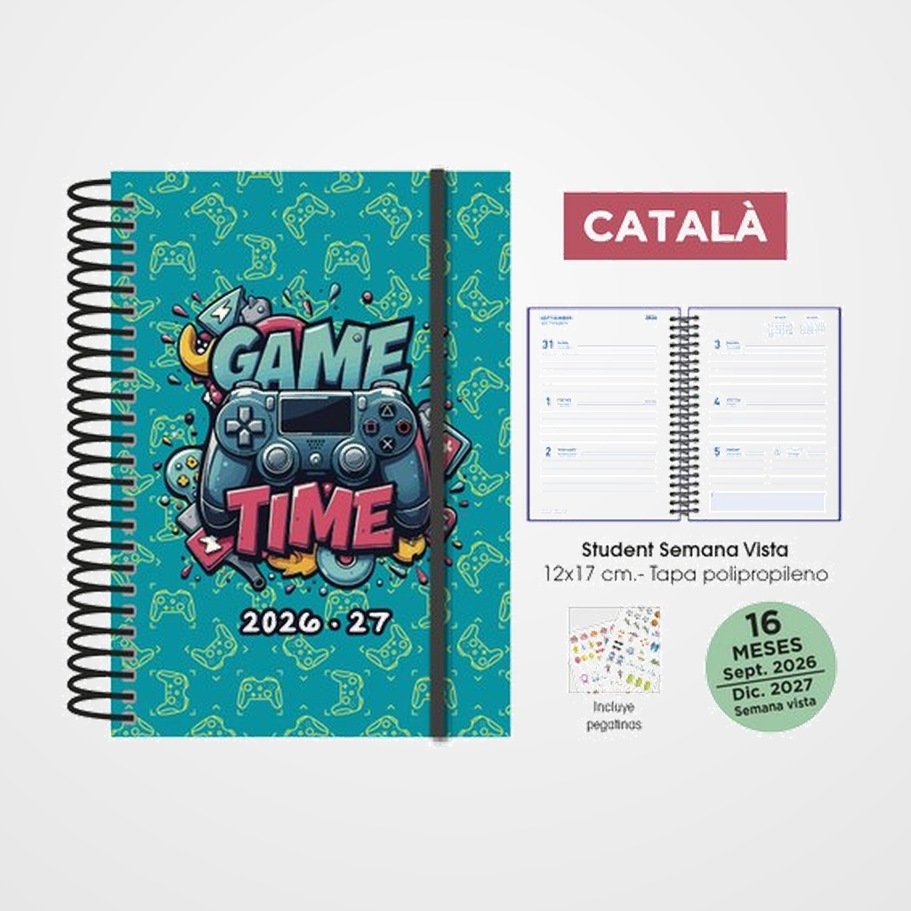AGENDA ANUAL (2026-27) SENFORT CATALAN 16 MESES STUDENT DECORADA ESPIRAL tapa PP con GOMA 120x170 S/V GAMER TURQUESA