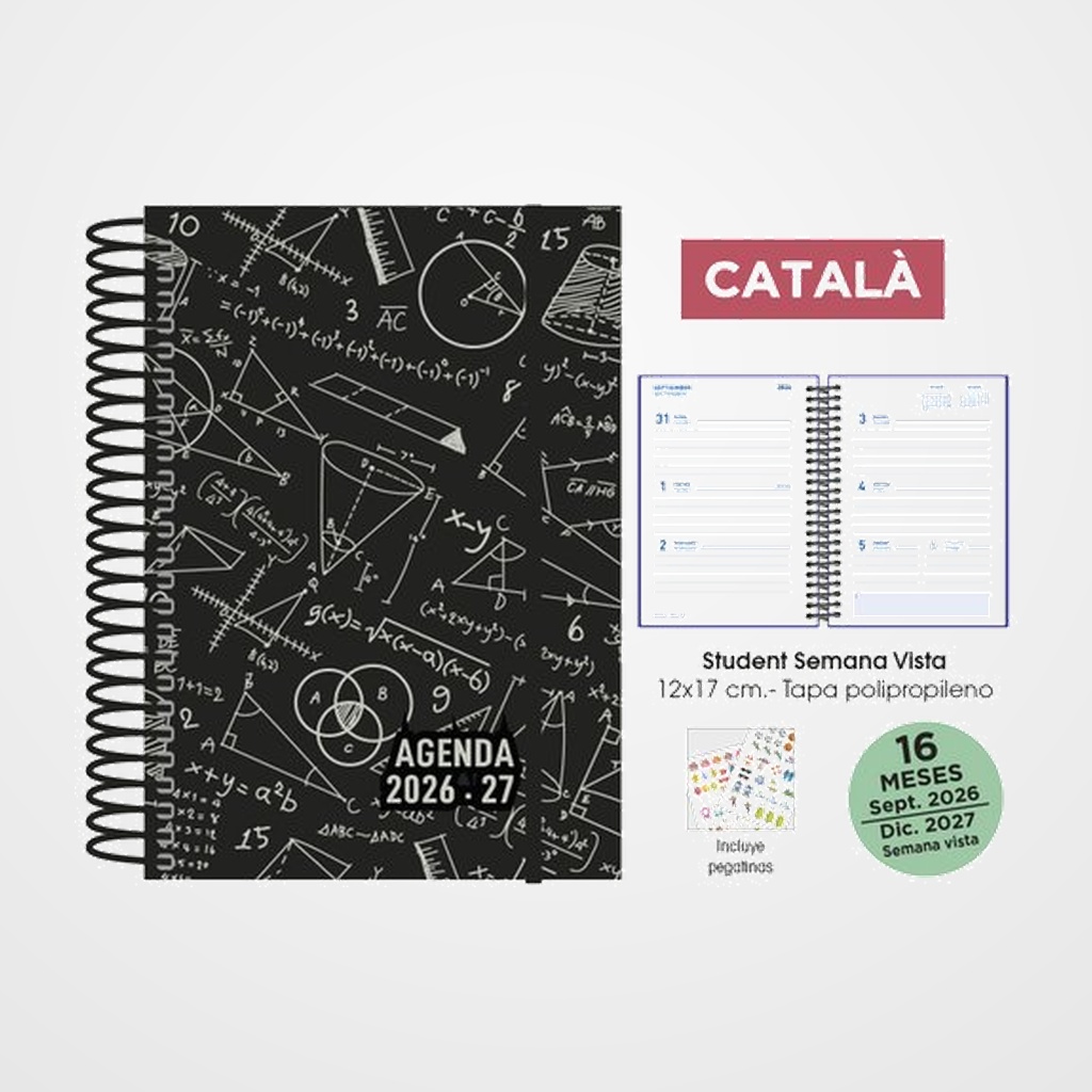 AGENDA ANUAL (2026-27) SENFORT CATALAN 16 MESES STUDENT DECORADA ESPIRAL tapa PP con GOMA 120x170 S/V MATHS NEGRO