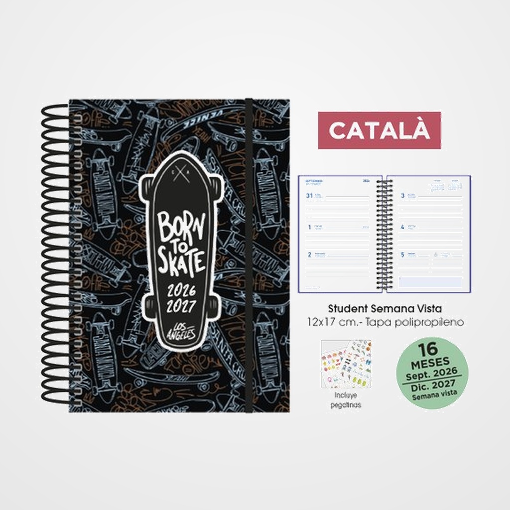AGENDA ANUAL (2026-27) SENFORT CATALAN 16 MESES STUDENT DECORADA ESPIRAL tapa PP con GOMA 120x170 S/V SKATEBOARD