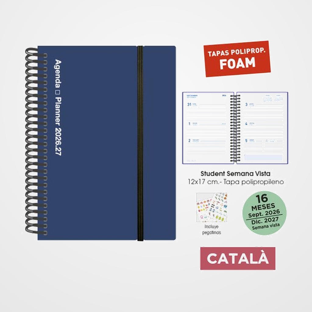 AGENDA ANUAL (2026-27) SENFORT CATALAN 16 MESES STUDENT FOAM ESPIRAL tapa PP con GOMA 120x170 S/V AZUL