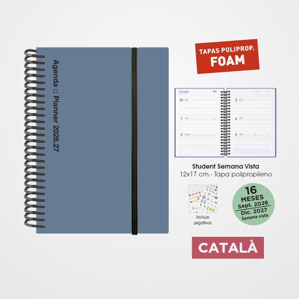 AGENDA ANUAL (2026-27) SENFORT CATALAN 16 MESES STUDENT FOAM ESPIRAL tapa PP con GOMA 120x170 S/V PLOMO