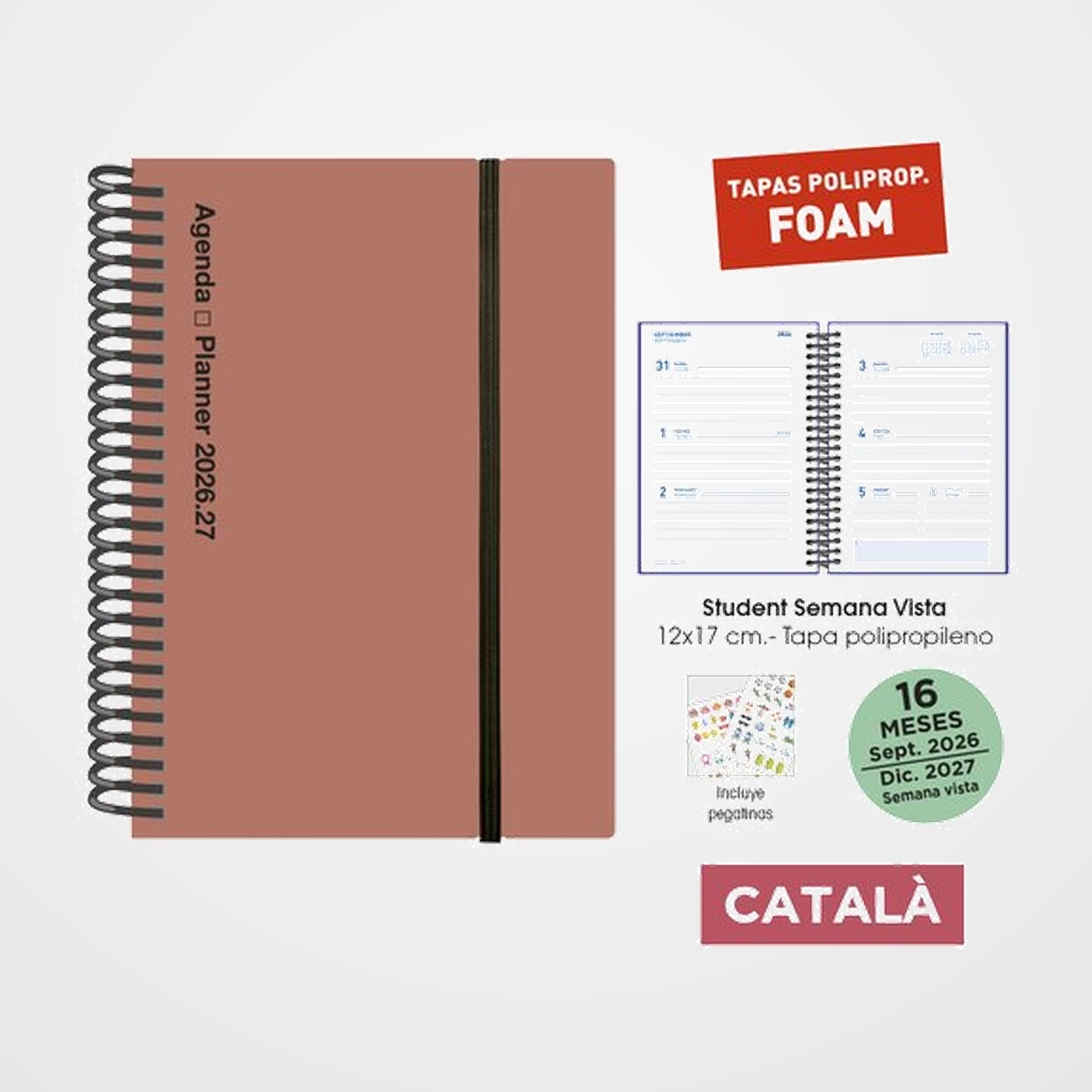AGENDA ANUAL (2026-27) SENFORT CATALAN 16 MESES STUDENT FOAM ESPIRAL tapa PP con GOMA 120x170 S/V SIENA