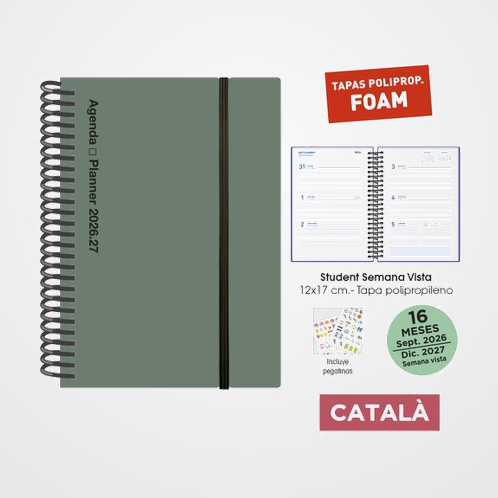 AGENDA ANUAL (2026-27) SENFORT CATALAN 16 MESES STUDENT FOAM ESPIRAL tapa PP con GOMA 120x170 S/V VERDE
