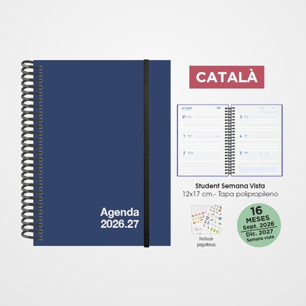AGENDA ANUAL (2026-27) SENFORT CATALAN 16 MESES STUDENT UNICOLOR ESPIRAL tapa PP con GOMA 120x170 S/V AZUL