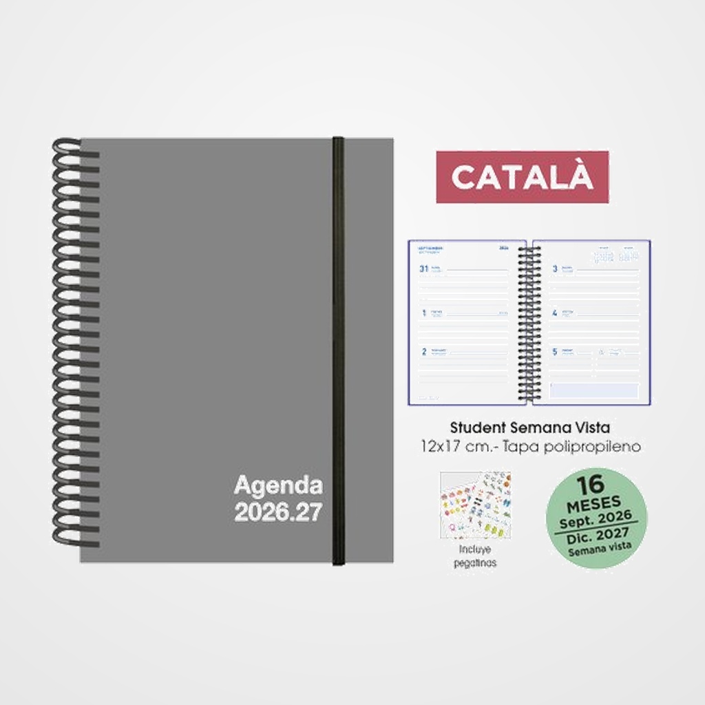 AGENDA ANUAL (2026-27) SENFORT CATALAN 16 MESES STUDENT UNICOLOR ESPIRAL tapa PP con GOMA 120x170 S/V GRIS