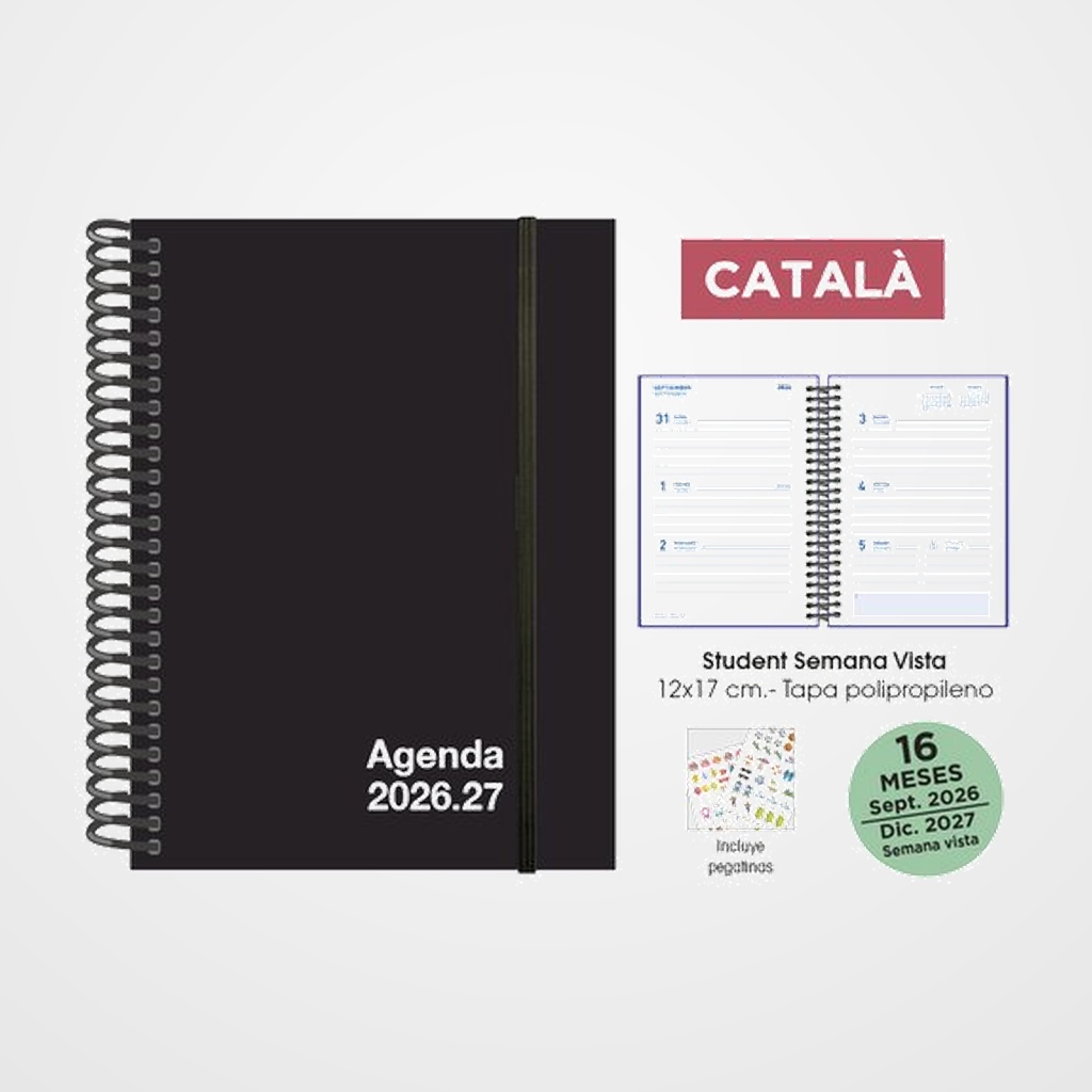 AGENDA ANUAL (2026-27) SENFORT CATALAN 16 MESES STUDENT UNICOLOR ESPIRAL tapa PP con GOMA 120x170 S/V NEGRO