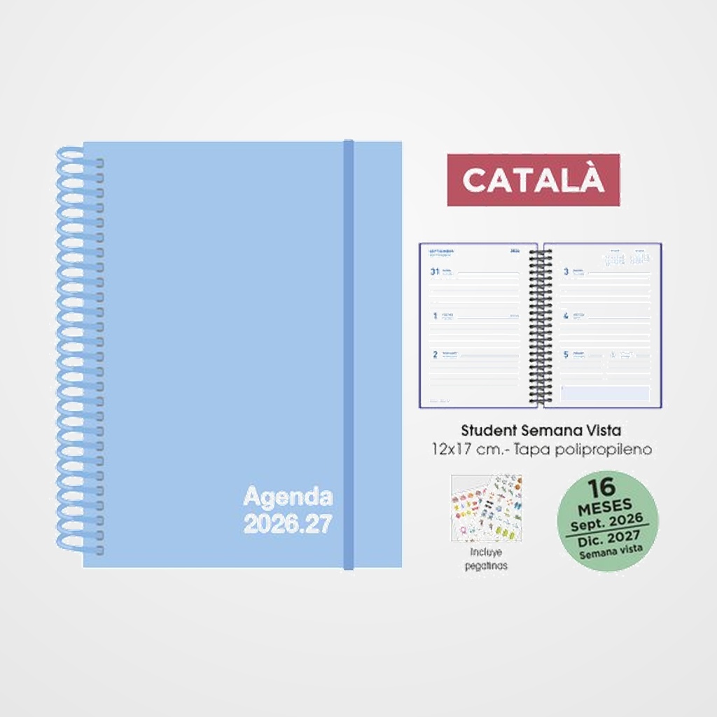 AGENDA ANUAL (2026-27) SENFORT CATALAN 16 MESES STUDENT UNICOLOR ESPIRAL tapa PP con GOMA 120x170 S/V PASTEL AZUL