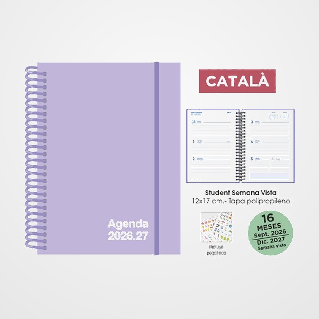 AGENDA ANUAL (2026-27) SENFORT CATALAN 16 MESES STUDENT UNICOLOR ESPIRAL tapa PP con GOMA 120x170 S/V PASTEL LILA