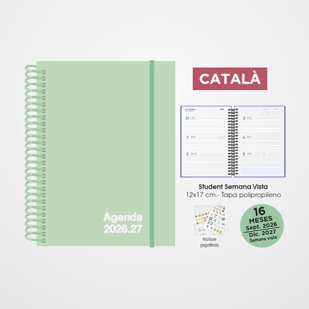 AGENDA ANUAL (2026-27) SENFORT CATALAN 16 MESES STUDENT UNICOLOR ESPIRAL tapa PP con GOMA 120x170 S/V PASTEL VERDE