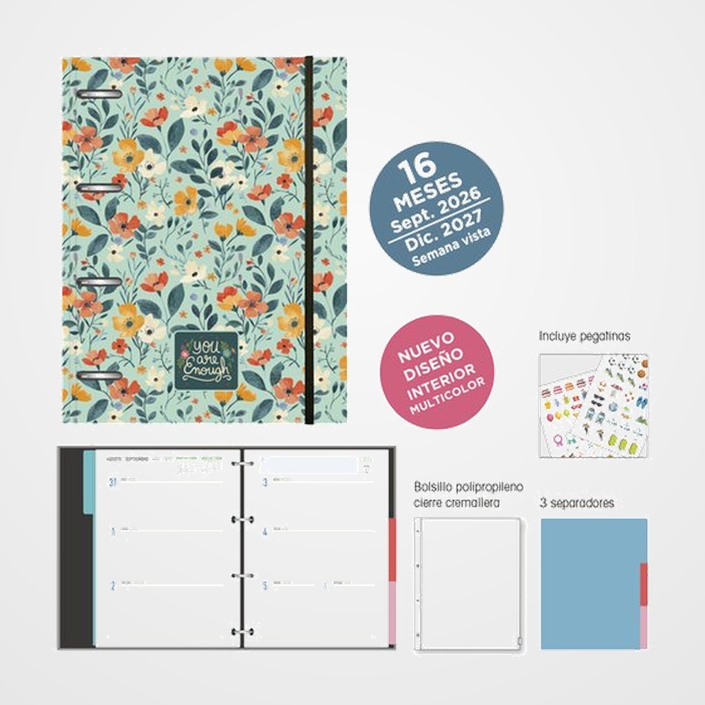 AGENDA ANUAL (2026-27) SENFORT 16 MESES IKI ANILLAS tapa EXTRA con GOMA 180x220 S/V FLOWERS