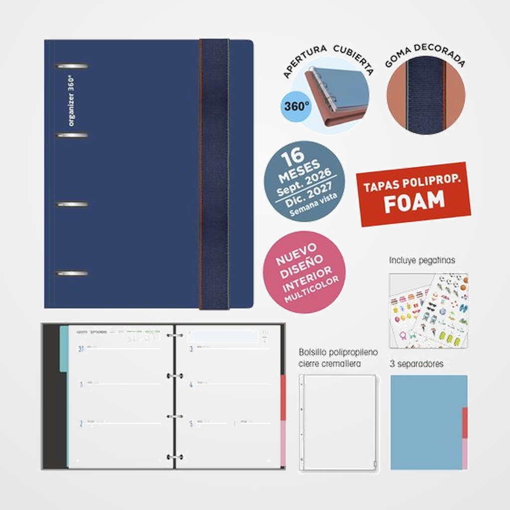AGENDA ANUAL (2026-27) SENFORT 16 MESES IKI FOAM ANILLAS tapa PP con GOMA 180x220 S/V AZUL