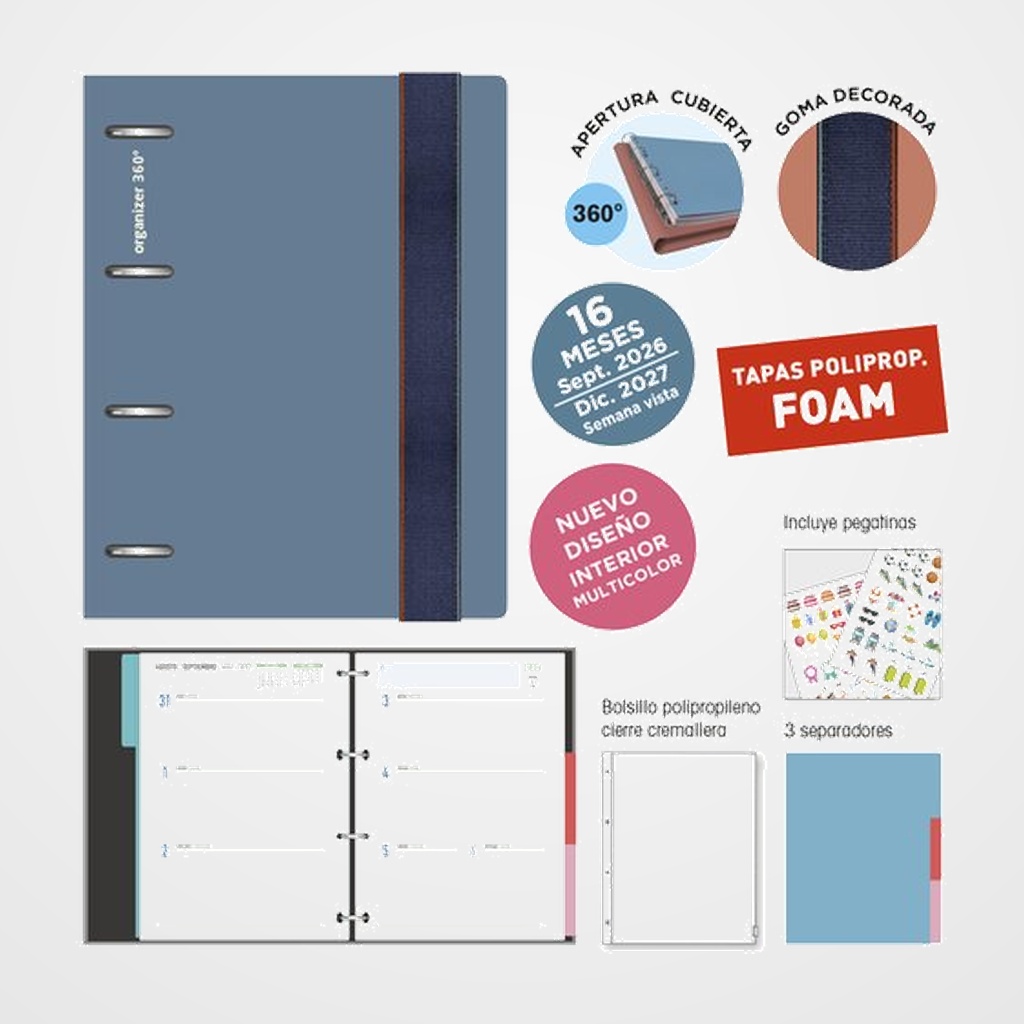 AGENDA ANUAL (2026-27) SENFORT 16 MESES IKI FOAM ANILLAS tapa PP con GOMA 180x220 S/V PLOMO