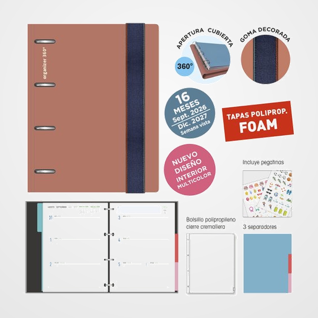 AGENDA ANUAL (2026-27) SENFORT 16 MESES IKI FOAM ANILLAS tapa PP con GOMA 180x220 S/V SIENA