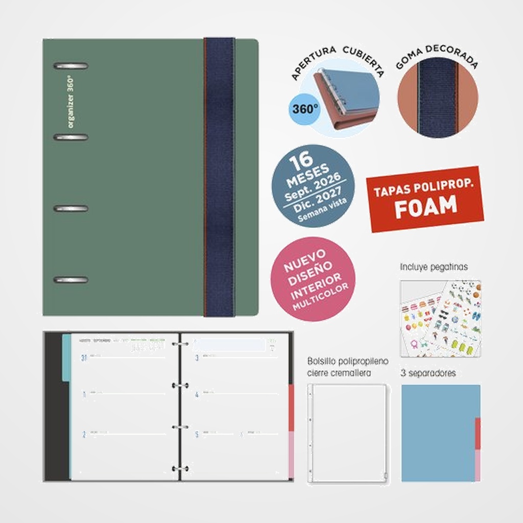 AGENDA ANUAL (2026-27) SENFORT 16 MESES IKI FOAM ANILLAS tapa PP con GOMA 180x220 S/V VERDE