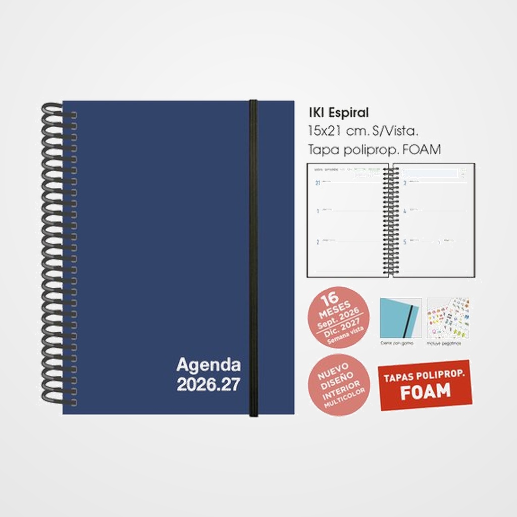 AGENDA ANUAL (2026-27) SENFORT 16 MESES IKI FOAM ESPIRAL tapa PP con GOMA 155x215 S/V AZUL