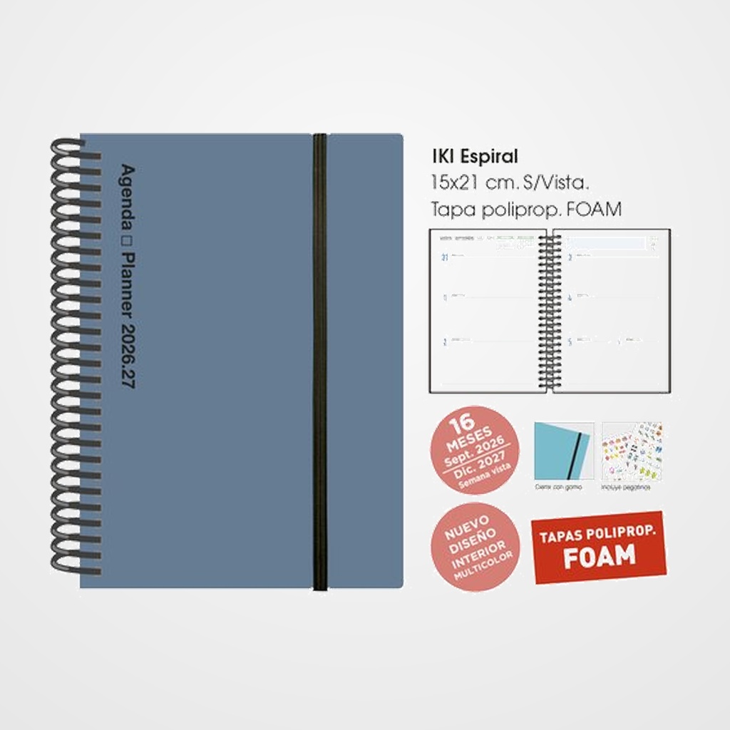 AGENDA ANUAL (2026-27) SENFORT 16 MESES IKI FOAM ESPIRAL tapa PP con GOMA 155x215 S/V PLOMO