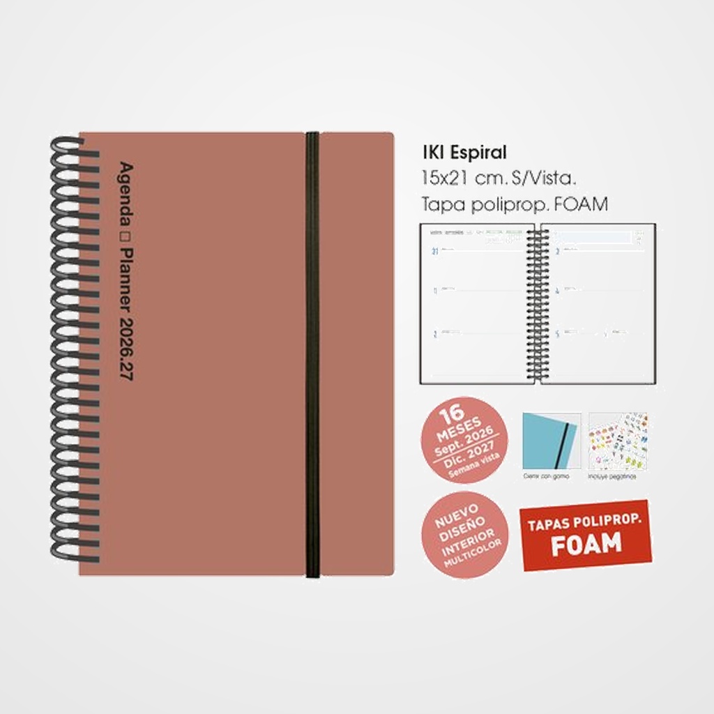 AGENDA ANUAL (2026-27) SENFORT 16 MESES IKI FOAM ESPIRAL tapa PP con GOMA 155x215 S/V SIENA