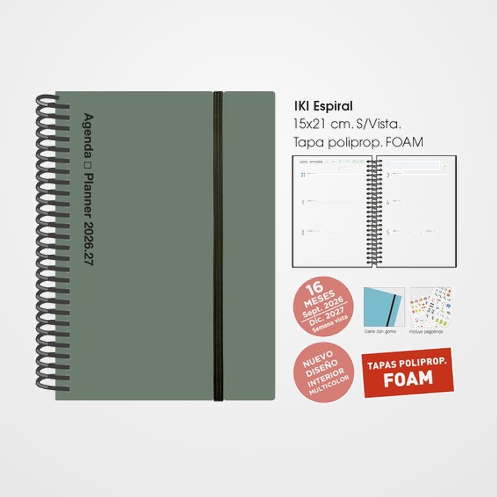 AGENDA ANUAL (2026-27) SENFORT 16 MESES IKI FOAM ESPIRAL tapa PP con GOMA 155x215 S/V VERDE