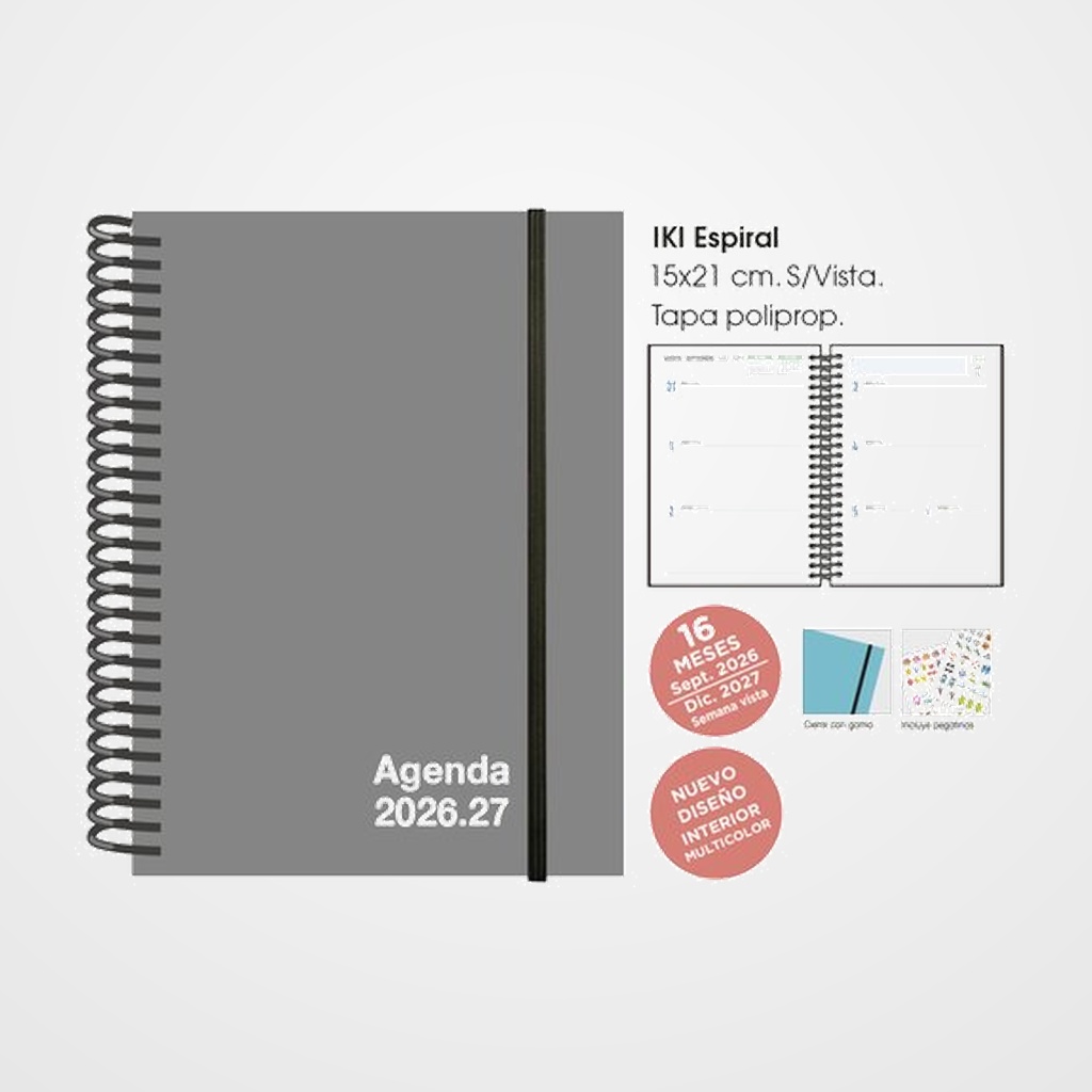 AGENDA ANUAL (2026-27) SENFORT 16 MESES IKI UNICOLOR ESPIRAL tapa PP con GOMA 155x215 S/V GRIS