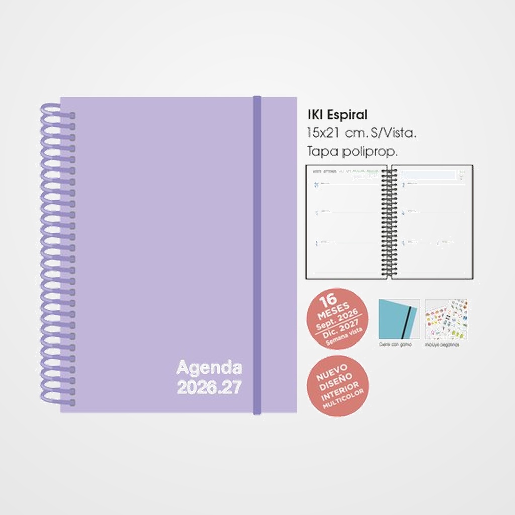 AGENDA ANUAL (2026-27) SENFORT 16 MESES IKI UNICOLOR ESPIRAL tapa PP con GOMA 155x215 S/V PASTEL LILA