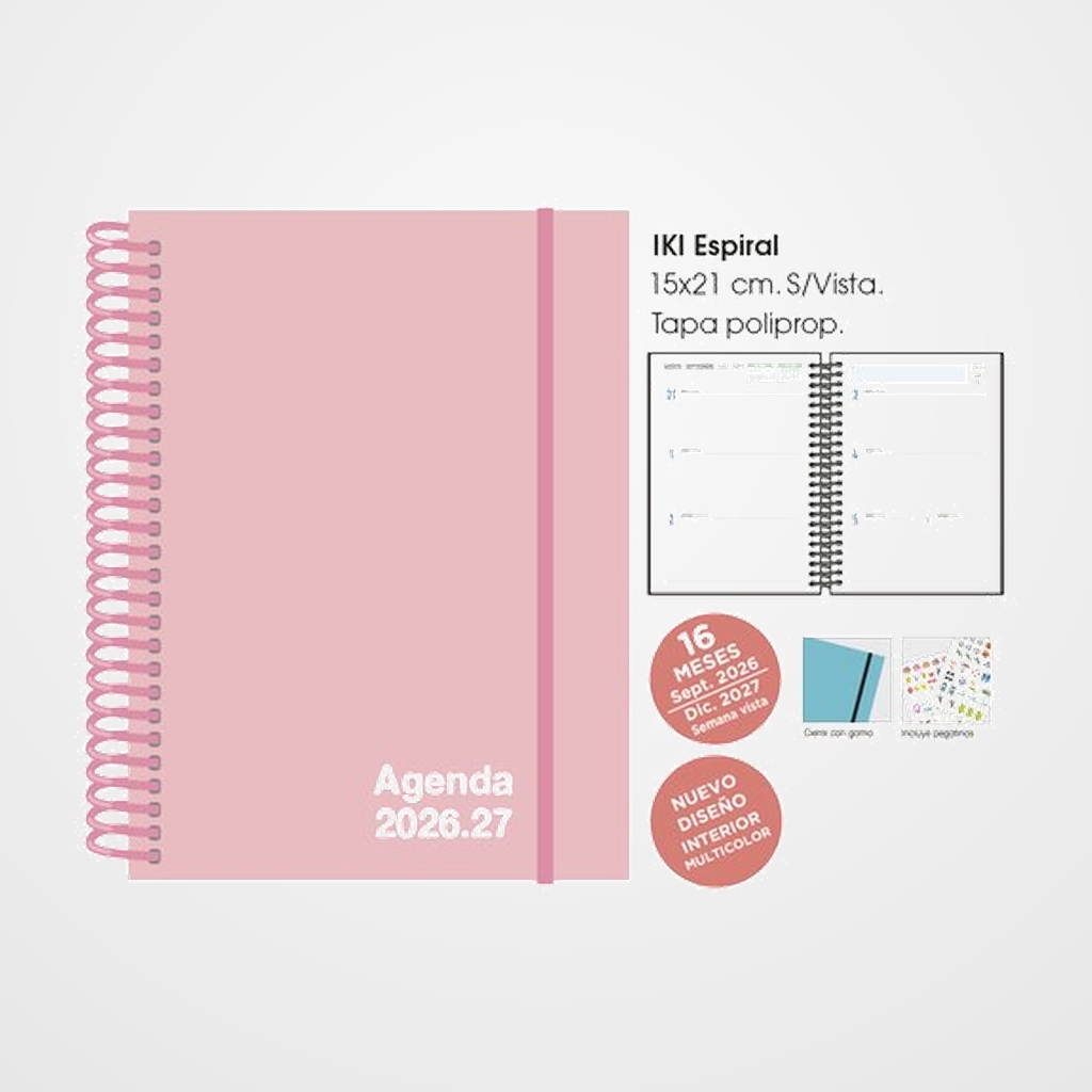 AGENDA ANUAL (2026-27) SENFORT 16 MESES IKI UNICOLOR ESPIRAL tapa PP con GOMA 155x215 S/V PASTEL ROSA