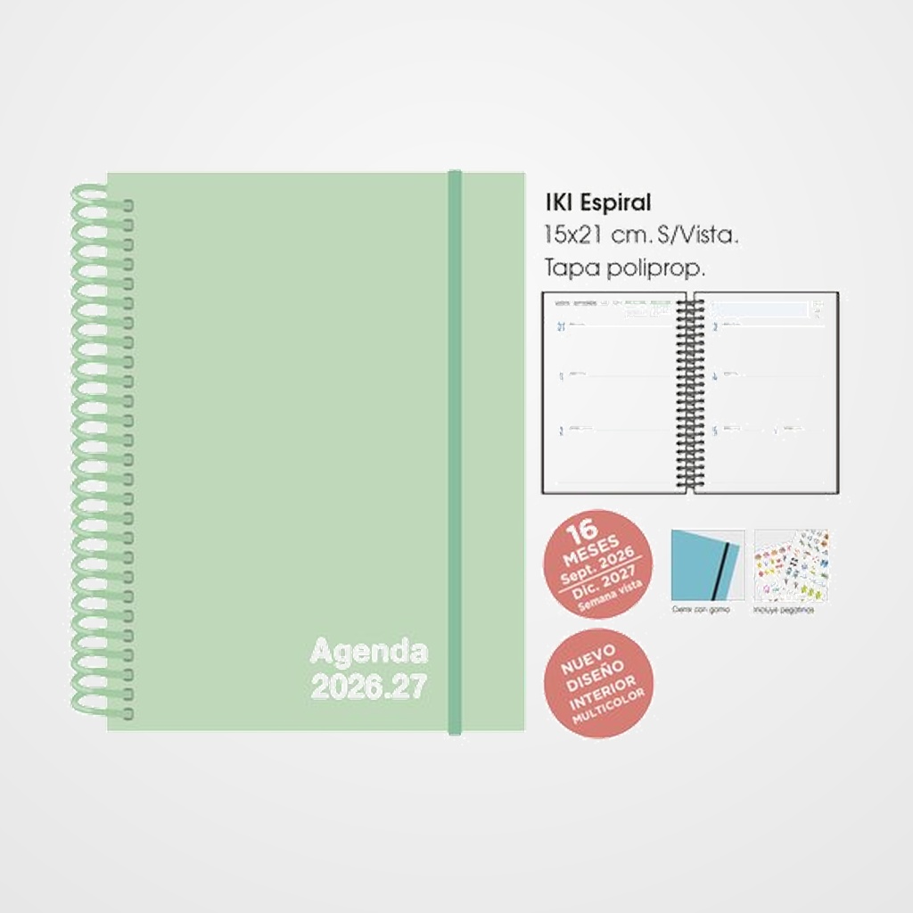 AGENDA ANUAL (2026-27) SENFORT 16 MESES IKI UNICOLOR ESPIRAL tapa PP con GOMA 155x215 S/V PASTEL VERDE